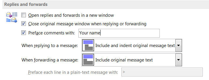Email replies and forwards options